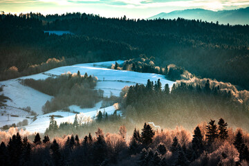 Beautiful morning in snowy hills, Bieszczady, Poland