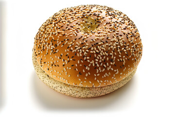Fresh bagel roll for breakfast with seeds, isolated on white background. Generative AI