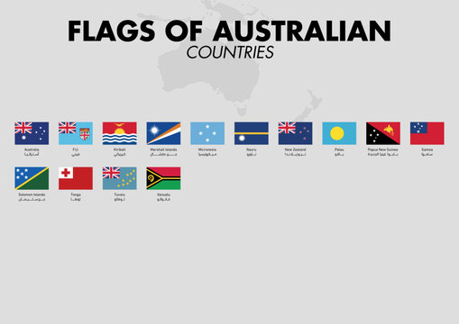Australian countries Flags with country names and a map on a gray background. Vector illustration.