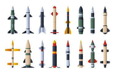 Missiles collection. Military aircraft weapon warhead, explosive missilery ballistic rocket and artillery projectile, wartime army equipment. Vector flight armed, atomic and supersonic illustration