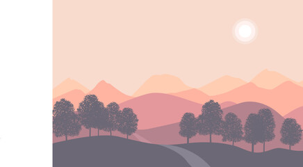 Vector landscape illustration. Sunset in mountains.