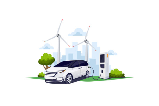 SUV Electric car are charging at the charger station with green energy source illustration concept