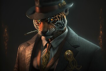 Tiger in gangster look wearing a three-piece suit with golden chain and golden cigar in mouth. Generative AI