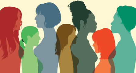 Developing female friendships and sharing cultural differences. A social network community for women. Women and girls who talk to each other in a monochrome side group. 