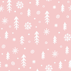 Fototapeta na wymiar Fir trees and snowflakes Christmas seamless pattern
