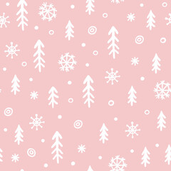 Fir trees and snowflakes Christmas seamless pattern