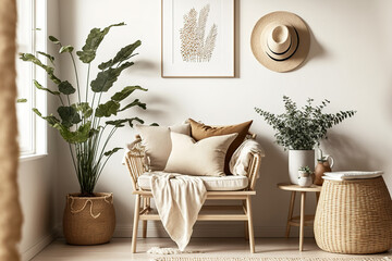 Scandi boho interior background, beige room with natural wood furniture, model of a home. Generative AI
