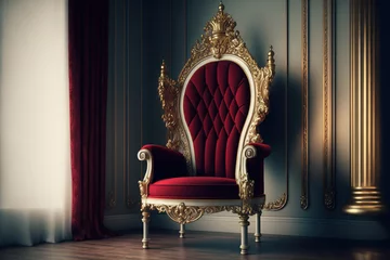 Fotobehang white and gold vintage In a medieval era room, a royal chair with scarlet drapes and candelabra is shown. King's throne in a castle. experience in interior design or architecture. text place, copy spa © Vusal