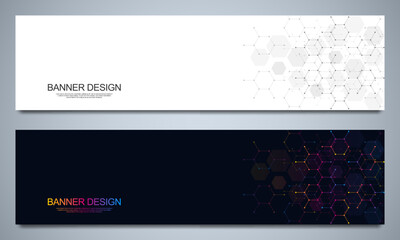 Fototapeta premium Banner design templates and headers for site with molecular structures background and chemical engineering. Science, medicine and innovation technology concept.
