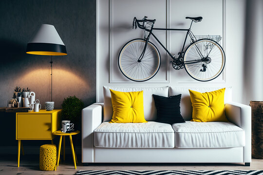 A White Couch With Cushions, Yellow Carpet, Coffee Table Fashioned From A Wooden Chest, And A White, Trendy Bicycle Are All Features Of A Contemporary Room Interior. Generative AI