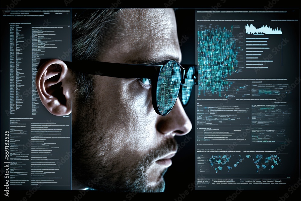 Poster businessman analyzing and visualizing complex data set up holographic screen. generative ai