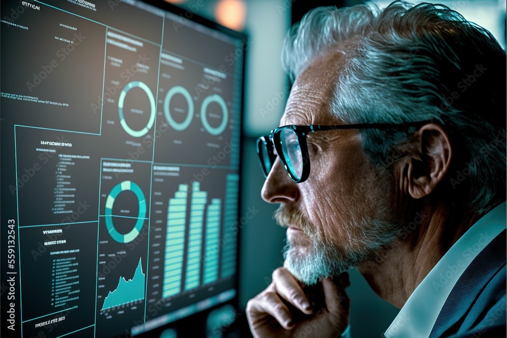 Poster businessman analyzing and visualizing complex data set up holographic screen. generative ai