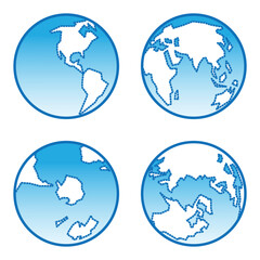 Earth vector icons set. Dashed line outline continents, white continent and blue water. Vector illustration.