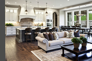 Kitchen and living room in a new luxury home. Open Concept Floor Plan is a feature. Generative AI