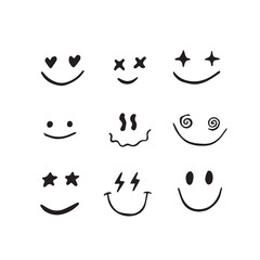 Doodle Emoji face icon set. Sketch. Emoji with different emotion mood. Vector illustration.