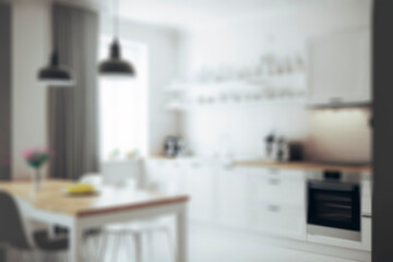 blurred light interior of kitchen with white furniture and dining table, blurred generative ai background
