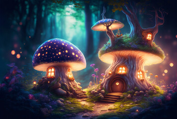 Fototapeta na wymiar Discover the Magic of Fairy Houses Nestled in a Fantastic Forest, Illuminated by Glowing Mushrooms - A Enchanted World of Myth and Legend Awaits