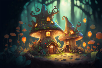 Discover the Magic of Fairy Houses Nestled in a Fantastic Forest, Illuminated by Glowing Mushrooms - A Enchanted World of Myth and Legend Awaits