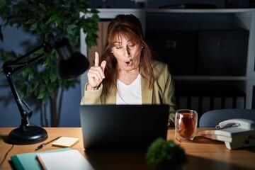 Middle age hispanic woman working using computer laptop at night pointing finger up with successful idea. exited and happy. number one.