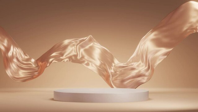 gold podium with silk gold waving background, white podium, product display, luxury background, animation cloth, 4k resolution