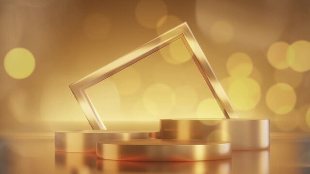 gold podium background with rectangle geometric, rectangle animation rotate, bokeh gold blinking background, stage for product, 4k resolution.