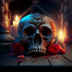 Ein Schädel liegt auf einem Tisch, umgeben von roten Rosen. Im Hintergrund brennen ein paar Kerzen. Fantasy Design.