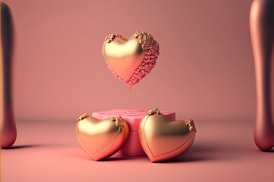 Gold Love Hearts And Gift Box on Pink Background. Valentine's Day Surprise.