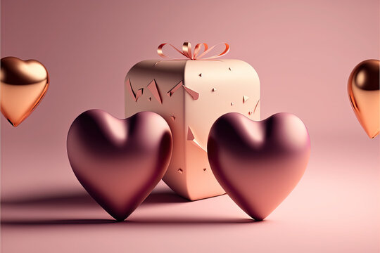 Valentine Wallpaper with Pink and Gold Heart Shapes, and Luxury Gift Box