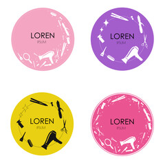 Four variants of the logo with an ornament of professional accessories for beauty salons, barbershops, hairdressers in pink, yellow, purple colors