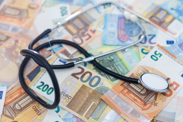 European currency sick concept: stethoscope on euro banknotes