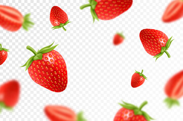 Strawberry background. Flying red strawberry on transparent background. Strawberry falling from different angles.Focused and blurry objects. 3D realistic.