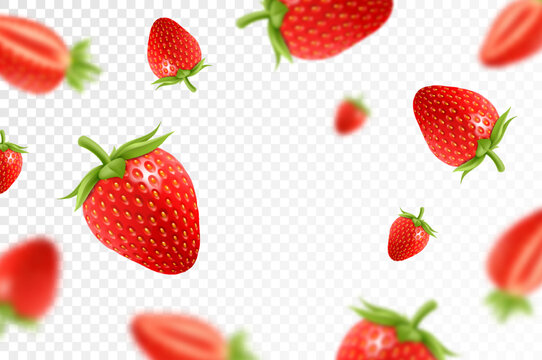 Strawberry background. Flying red strawberry on transparent background. Strawberry falling from different angles.Focused and blurry objects. 3D realistic.
