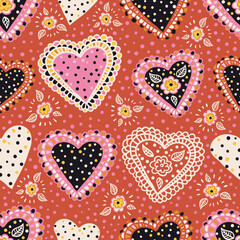 Hearts with petals and dots seamless vector pattern
