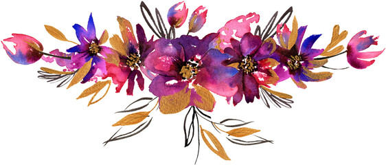 Fototapeta na wymiar Pink and gold watercolor floral illustration. Hand painted background