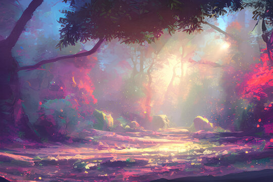digital painting enchanted landscape forest magical fantasy scenary background concept art IA