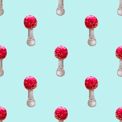 Seamless pattern. Watercolor red fly agaric. Realistic fly agaric mushroom. Poisonous mushroom