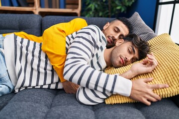 Two man couple hugging each other sleeping on sofa at home