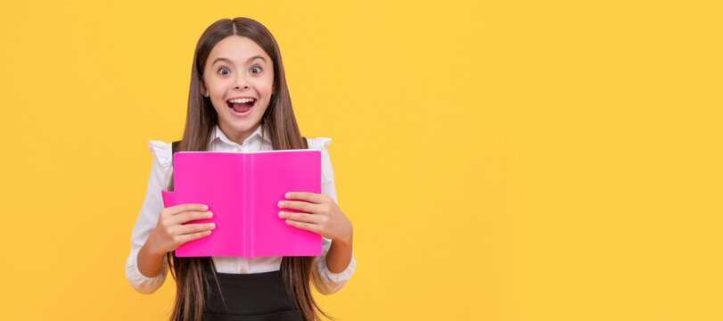 surprised teen girl in school uniform reading book, amasement. Banner of school girl student. Schoolgirl pupil portrait with copy space.