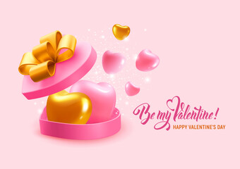 Happy Valentine's Day greeting background with pink and golden hearts flying out from a big heart shaped box with gold bow. 3d Realistic Vector illustration EPS10