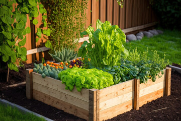 Wooden raised bed vegetable garden that is organic. for vertical planting, including beans. locally grown veggies in a big metropolis. Generative AI - obrazy, fototapety, plakaty