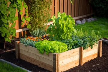 Foto op Canvas Wooden raised bed vegetable garden that is organic. for vertical planting, including beans. locally grown veggies in a big metropolis. Generative AI © 2rogan