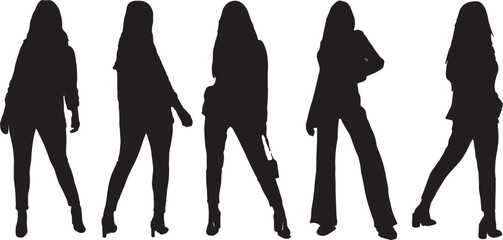 Set of women standing and wearing dress, in various poses, cartoon character, people, business, group, vector silhouette, flat design icon, different colors, isolated on white background 