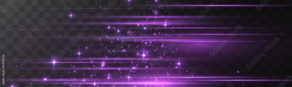 Poster purple soft horizontal neon lines. set of abstract lens flares. flash purple line motion. laser spar