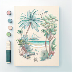 Holidays lifestyle theme with pastel tones on diary. Illustration with sail boat, ocean and palm generated by AI