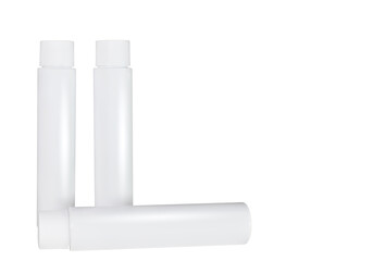 Blank templates of empty and clean white plastic container - three cylindrical round bottles with screw cap, flip top and disc top cap - photographic mock-up clipping paths -cosmetic blank package