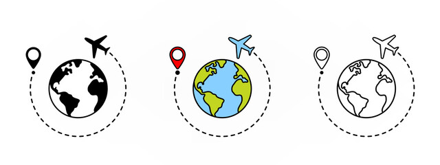 Airplane path on world map. Route of plane with world map illustration