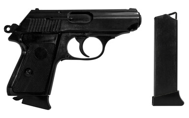 Close up Black metal short gun and pistol clip