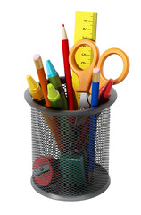 Metal pencil holder with school supplies on transparent background.