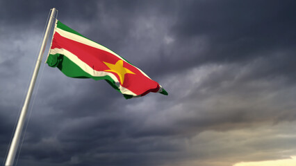 nice Suriname flag on heavy dark clouds bg - abstract 3D rendering