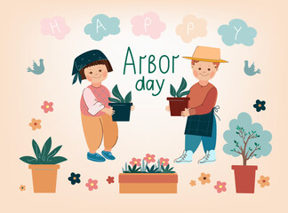 Arbor day. Children standing under a blooming tree preparing to plant saplings .Vector doodle cartoon illustration.